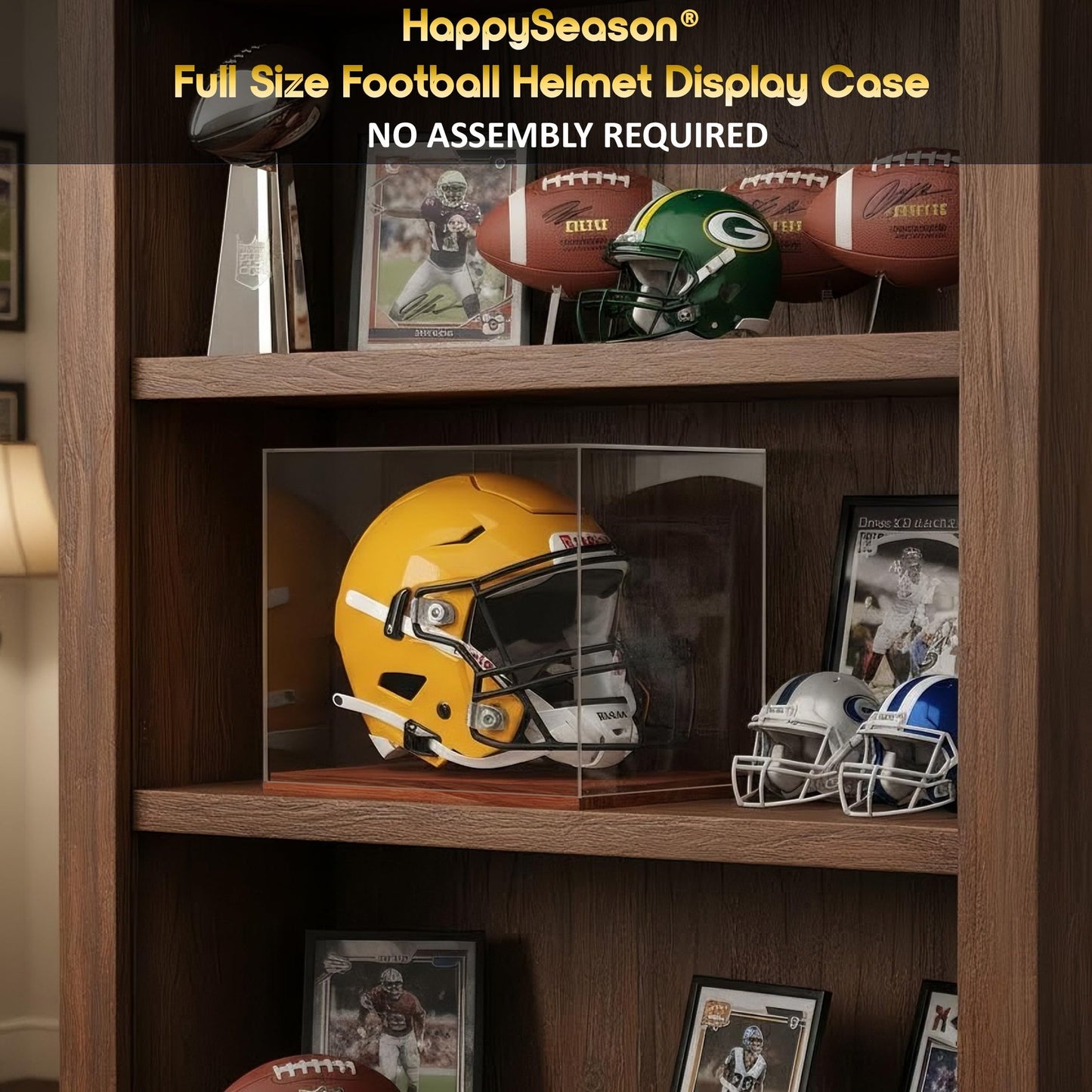 Happyseason Football Helmet Display Case, One-Piece Acrylic, Solid Wood Base, Full Size Helmet Display Case, Sports Collectible Memorabilia, No Assembly Required (Cherry Brown, Full Size)