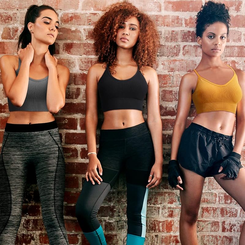 8-Pack Sports Bras Low Back Seamless Camisole Set with Adjustable Straps - Variety Colors (Black, Khaki, White, Gray, Yellow, Orange, Green, Dark Green)