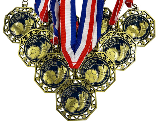 Express Medals Soccer Gold Medals Trophy Award with Neck Ribbons EMDC214Soccer - (Pack of 10)