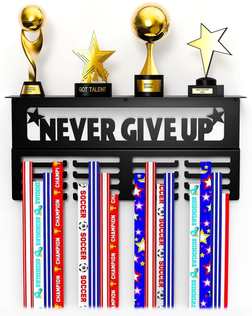 AGATHOS HOME Medal Hanger Display with Trophy Shelf - Metal Awards Rack for Walls Holds 64+ Sports Medals- Never Give Up 16" Medal Holder 4 Rows of Hanger Space and Deep 4" Shelf