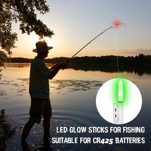 Glooglitter 6 Pcs Fishing Glow Sticks LED Fishing Pole Light Night Fish Alert Glow Stick with 8 Pcs Rechargeable CR425 Battery and Battery Charger(Green Light,Classic Style)