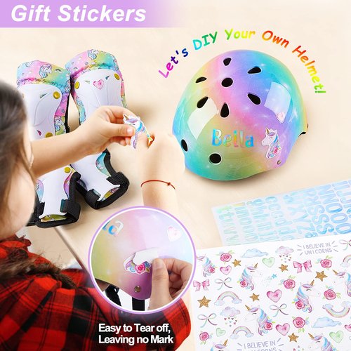 Kids Helmet, Toddler Bike Helmet with DIY Stickers Unicorn Knee Pads and Elbow Pads Set Adjustable Protective Gear Set for Girls Age 3-5-8 Years