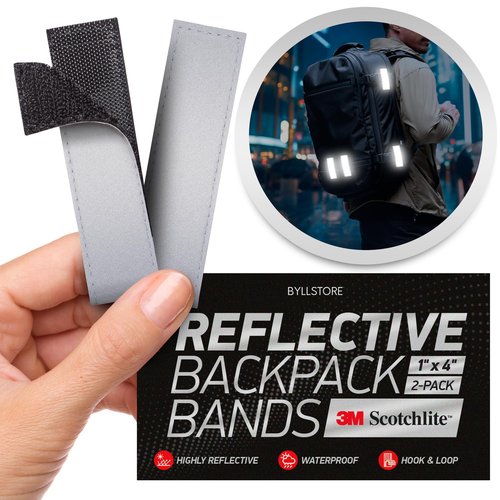 Byllstore Reflective Backpack Bands | 3M Scotchlite Reflectors | Hook-and-Loop Closure | 1x4 Inch Size | 2-Pack (Silver)