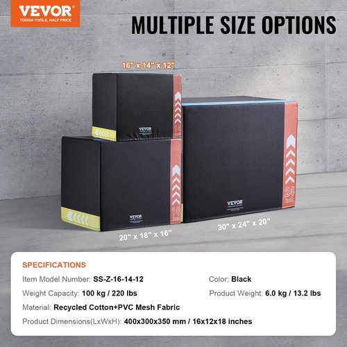 VEVOR 3 in 1 Plyometric Jump Box, 16/14/12 Inch Cotton Plyo Box, Platform & Jumping Agility Box, Anti-Slip Fitness Exercise Step Up Box for Home Gym Training, Conditioning Strength Training, Black