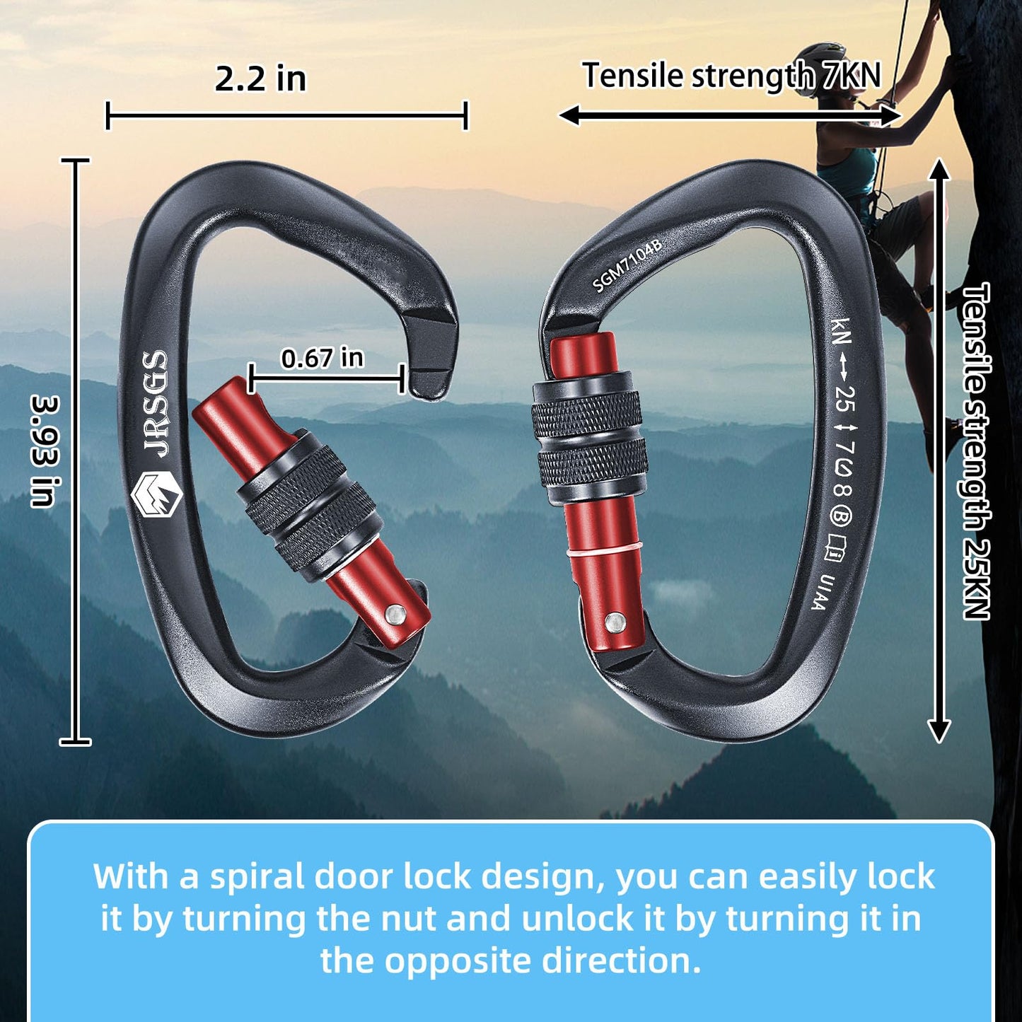 JRSGS 25KN Locking Climbing Carabiner Clips, UlAA Certified Climbing Carabiner,Heavy Duty Carabiners Equipment,Large Size Carabiner for Climbing, Rappelling,Hunting and Rescue