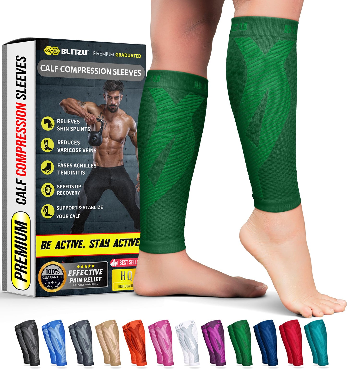 BLITZU Calf Compression Sleeves for Men and Women. Footless Compression Socks Support for Varicose Vein, Nursing, Running. Leg Sleeve Brace for Shin Splints, Pain Relief & Reduces Swelling Green S-M