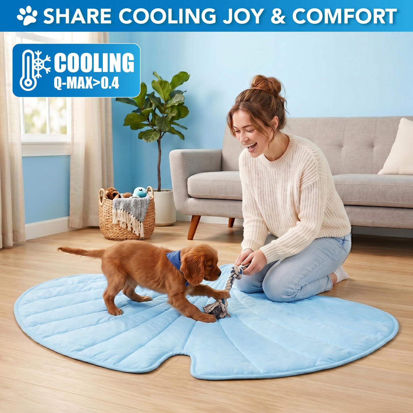 PetAmi Dog Cooling Mat, Ginkgo Leaf Shape, Pet Pad with Cooling Nylon & Soft Fleece, Q-Max > 0.4 Reversible All Season Blanket for Dogs & Cats, Medium 44x49 in, Light Blue