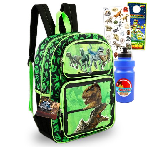 Jurassic World Backpack for Kids - Bundle with 16" Jurasic World School Bag, Water Bottle, Stickers, More | T-Rex Dinosaur Backpack Boys, Girls, Kids