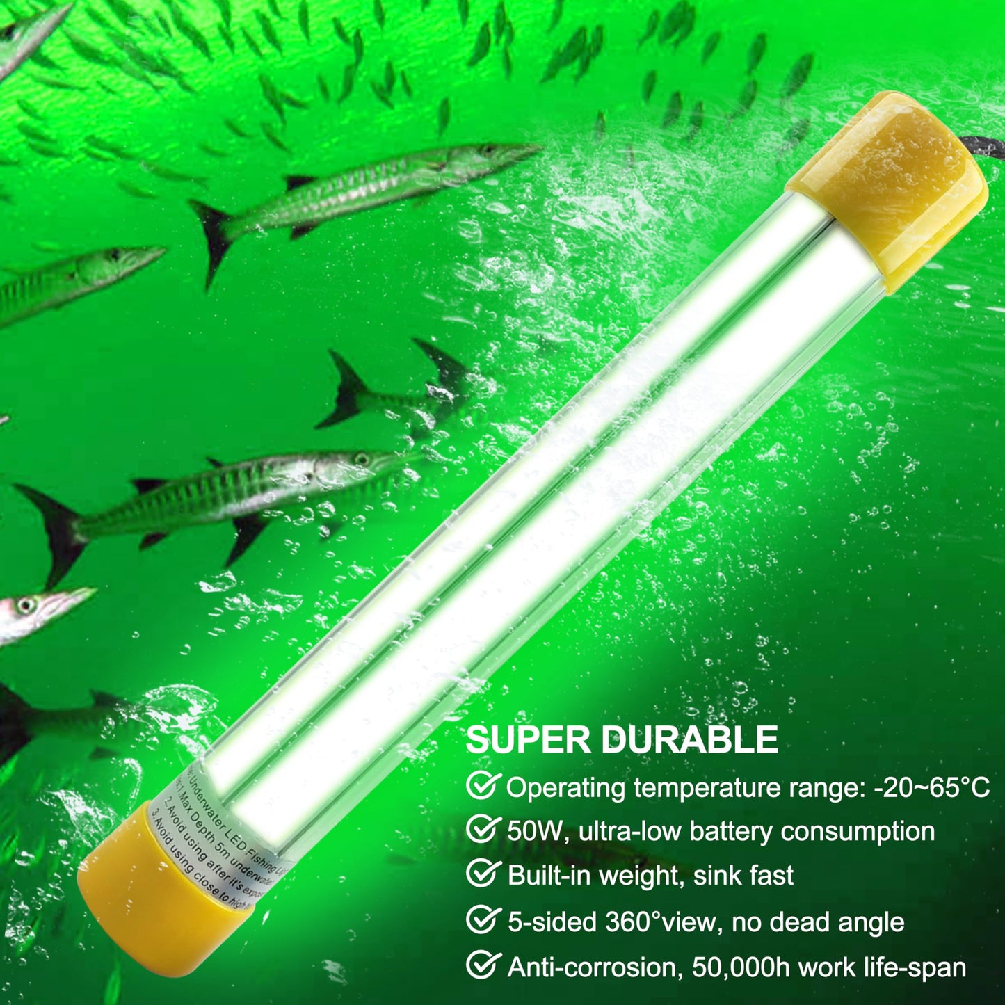 JOGFFDE Underwater Fishing Light 30000 Lumens 50W 12V 16.5ft Wire Green Night Fishing Finder Attractor LED Submersible Light Deep Drop Fish Bait Finder for Docks, Boats,Kayaks