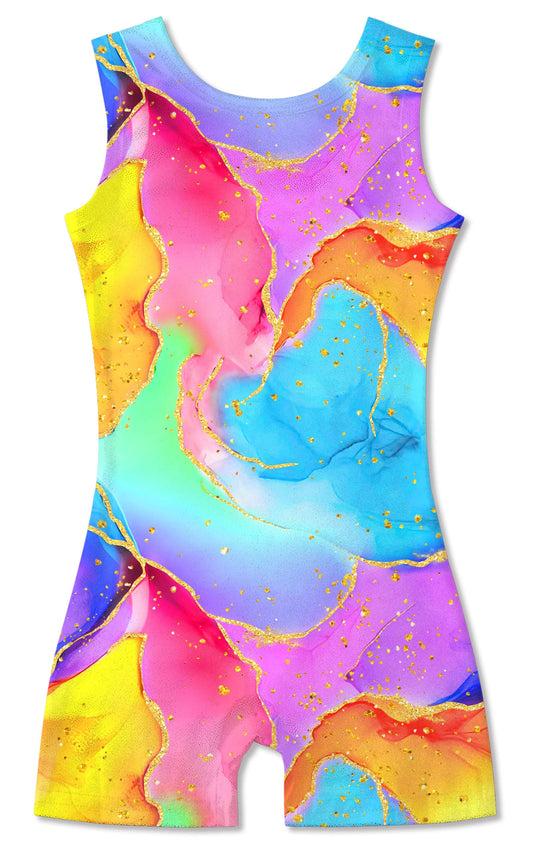 Funnycokid Gymnastics Leotards for Girls Toddler Outfits Dance Unitards Clothes with Shorts, Colorful Marble, 3-4T