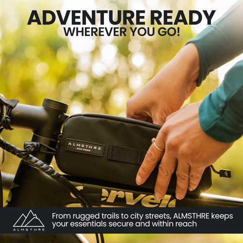 ALMSTHRE Top Tube Bag 8'' x 2'' x 3'' - Midnight Black | Waterproof, Secure & Stable ??Universal Bike Storage with Versatile Mounting ??Fits Essentials | Adventure-Ready Cycling Gear