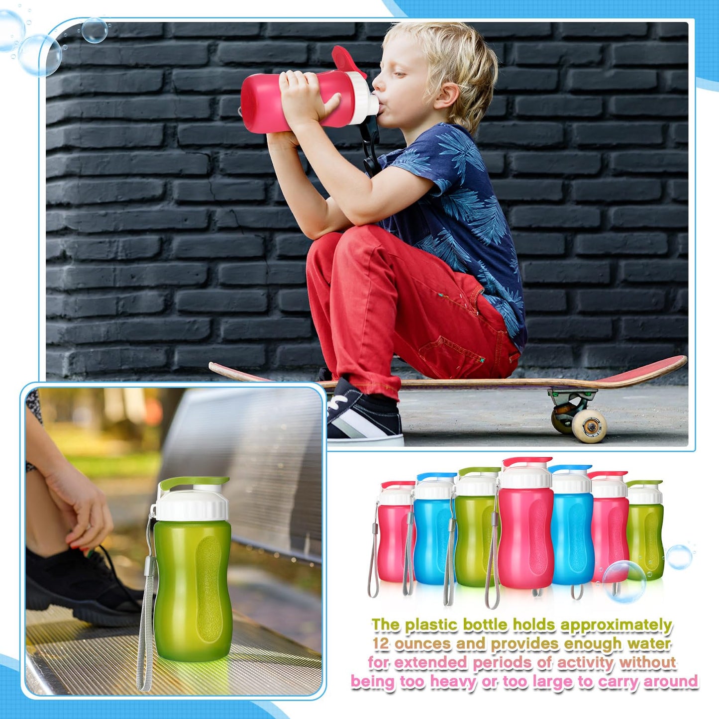 Domensi 36 Pack 12 oz Kids Plastic Water Bottles Reusable Plastic Sports Water Bottles Wide Mouth Leak Proof Lightweight for Boys Girls Child Toddler to School Travel Camping, DIY Gift