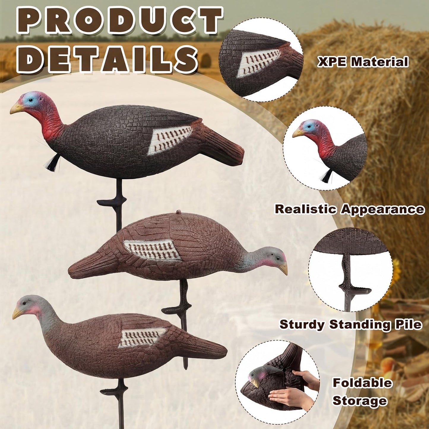 Poen 3 Pack Turkey Decoys Collapsible Hunting Combo Decoy Standing Lifelike Turkey Decoys Realistic Hunting Hen and Jake Decoy with Foldable Stake for Field Forest Wood Ground Outdoor