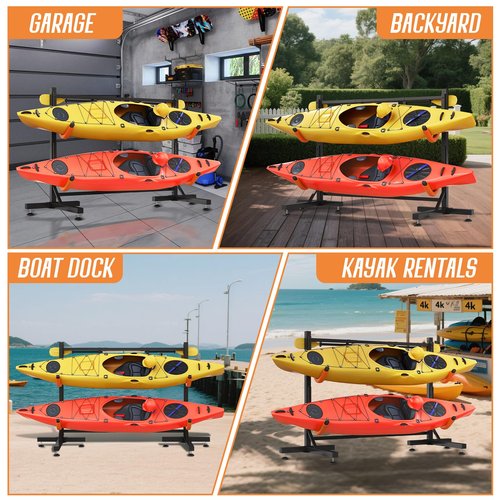 SPECRAFT Freestanding Kayak Storage Rack for 2 Kayaks, Adjustable Width Stand with Stable T-Base, EVA Tube Sleeves, for Indoor Outdoor Garage