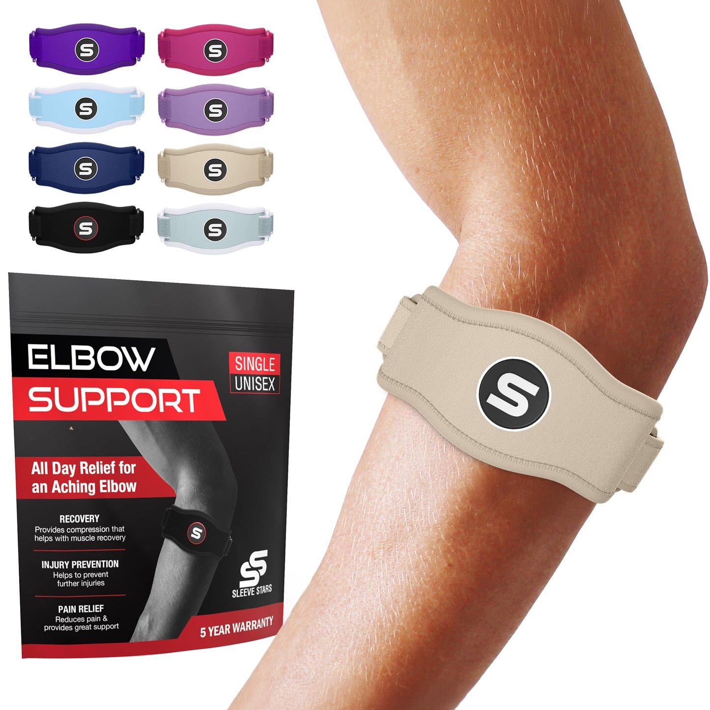 Sleeve Stars Tennis Elbow Brace for Men & Women, Elbow Brace for Tendonitis, Tennis Elbow Strap, Golfers Elbow Brace, Elbow Support Wrap for Tennis Elbow Relief, Fits 9"-23" (Single/Beige)