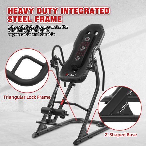 Teclor Advanced Heat and Massage Strength Training Inversion Table for Back Pain Relief,Heavy Duty Inversion Table 350 lbs Capacity with Thickened 3D Memory Foam backrest,Black