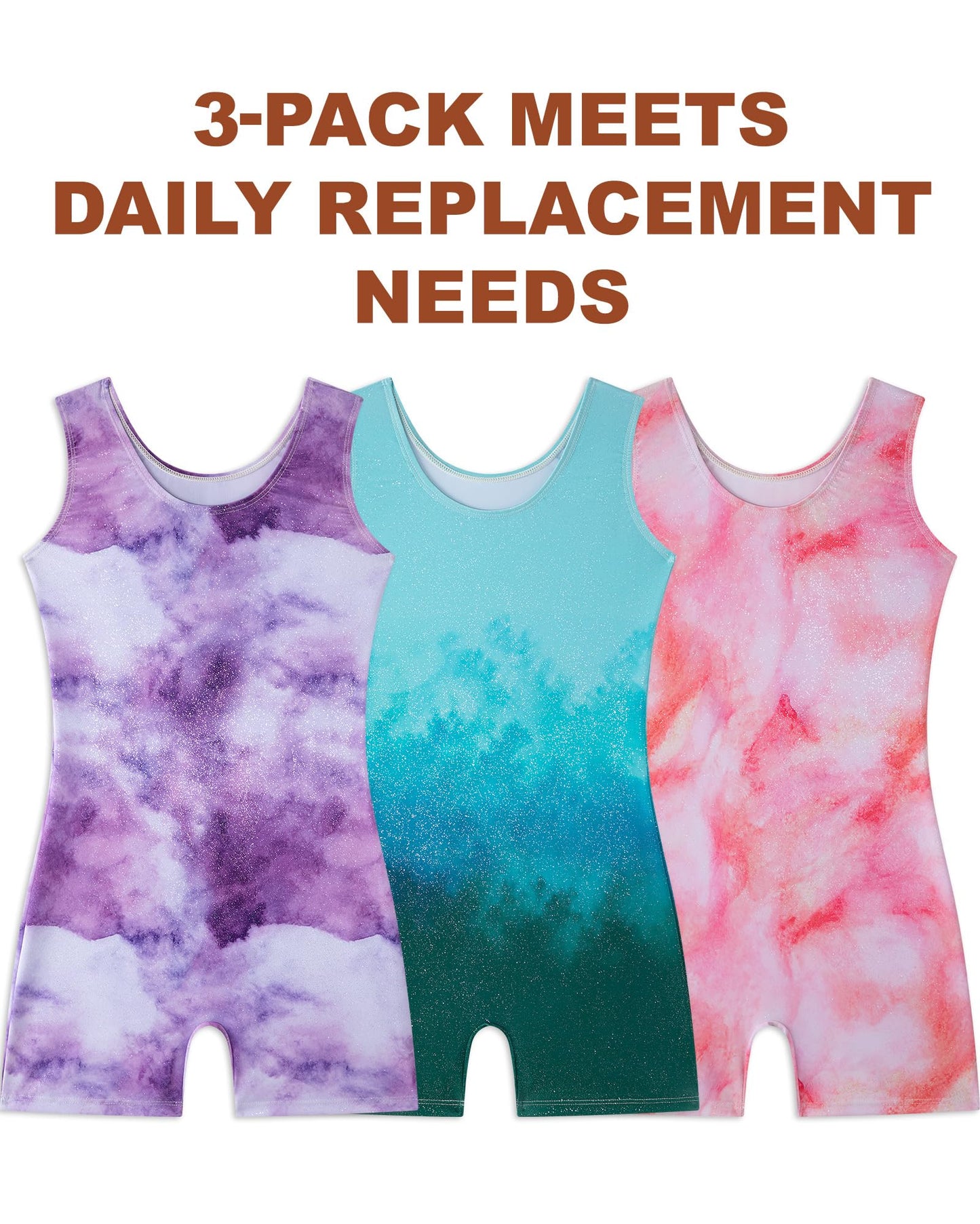 TinyChoice 3 Pack Gymnastics Leotards for Girls Toddler Sparkly Rainbow Biketards Unitards Sleeveless Tumbling shorts Dance Outfits 6-7Y