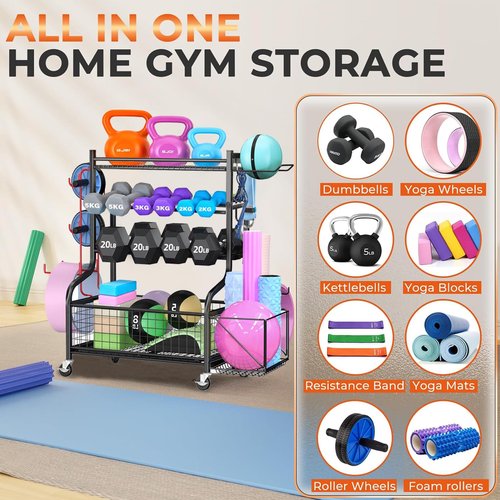 Dumbbell Rack, 5 Tier Heavy Duty Weight Racks with Wheels and Hooks, 500LBS Strength Training Storage Organizer Weight Stand, Tree Shape Home Gym Storage Dumbell Holder for Kettlebells,Yoga Mat