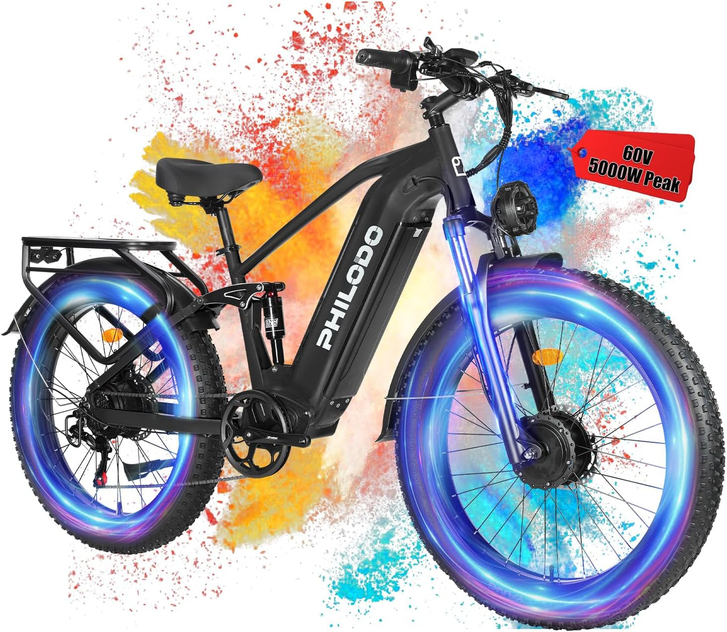 PHILODO Falcon 60V 32AH Off-Road Electric Bike 45MPH - 5000W Peak Dual Motor Hunting Ebike, Fat Tire Full Suspension Dirt Bike for Adults, Long Range Snow/Sand Electric Bicycle