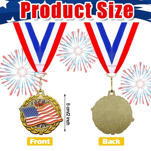 Loetere 30 Pack Gold Patriotic Medals 2'' American Flag Medals Bulk Trophy with Neck Ribbons Spirit Medallion with Stars Stripes USA Flag Independence Day Awards for Participation Prize Winner Gift