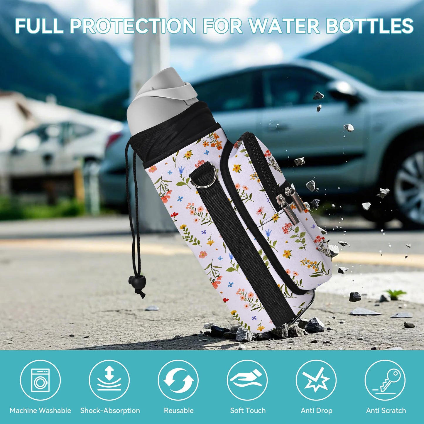 AUPET Water Bottle Sling Bag Sleeve Holder Carrier 25/32/40/64 oz,Insulated Crossbody Water Bottle Case Cover with Strap and Pockets for Men/Women Walking Hiking (Watercolor Style, 25oz)