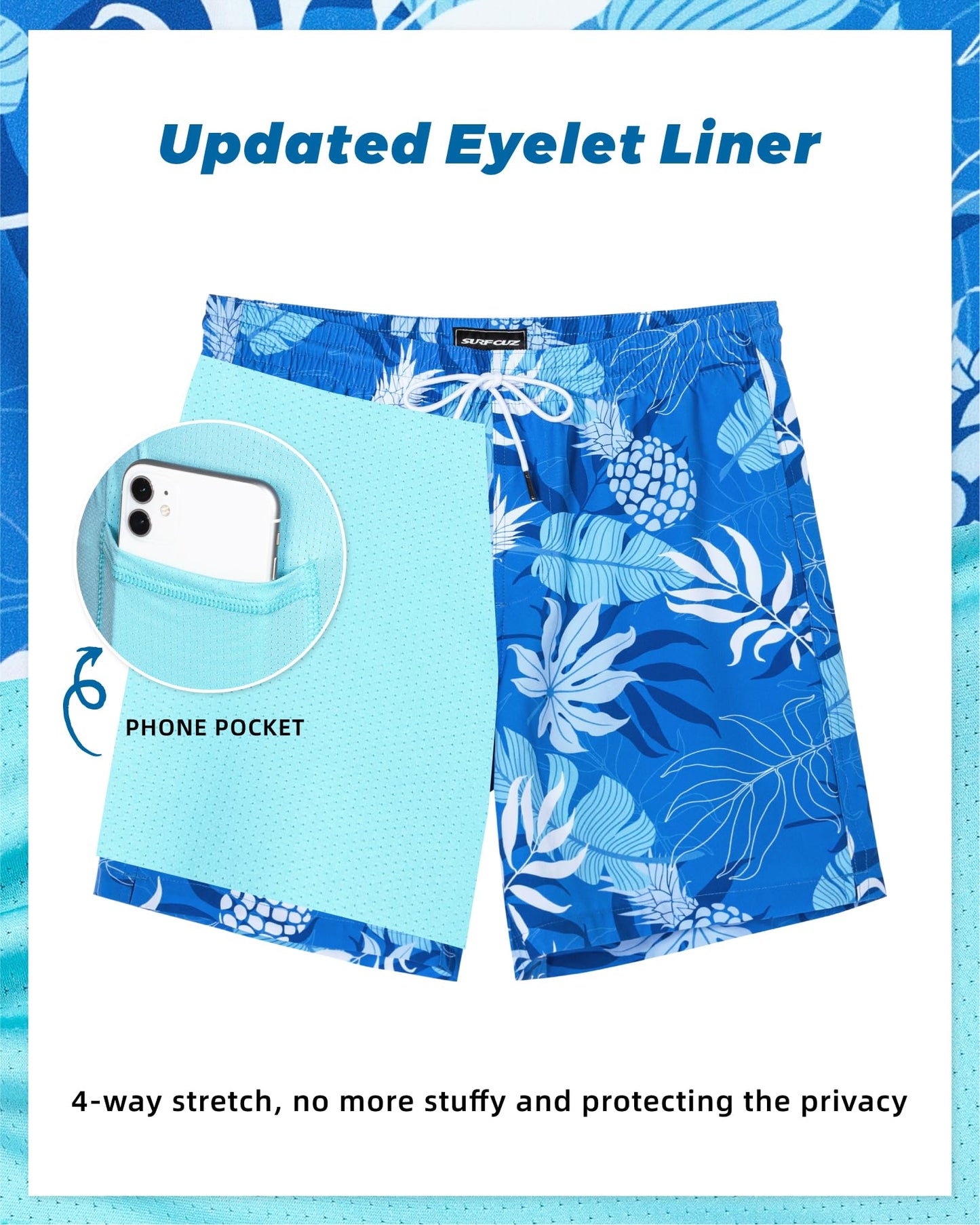 SURF CUZ Mens Swim Trunks with Compression Liner Swim Shorts 7" Swimming Trunks Stretch 7 Inch Swim Suits Quick Dry,Blue Summer,XL