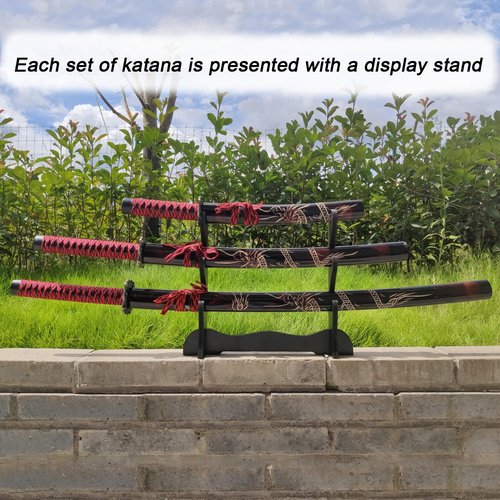 3pc Set Japanese Samurai Sword with Display Stand,Iaido Katana Engraved with Dragon Pattern On The Scabbard Carbon Steel Blade Real Sword for Display Decoration and Gift