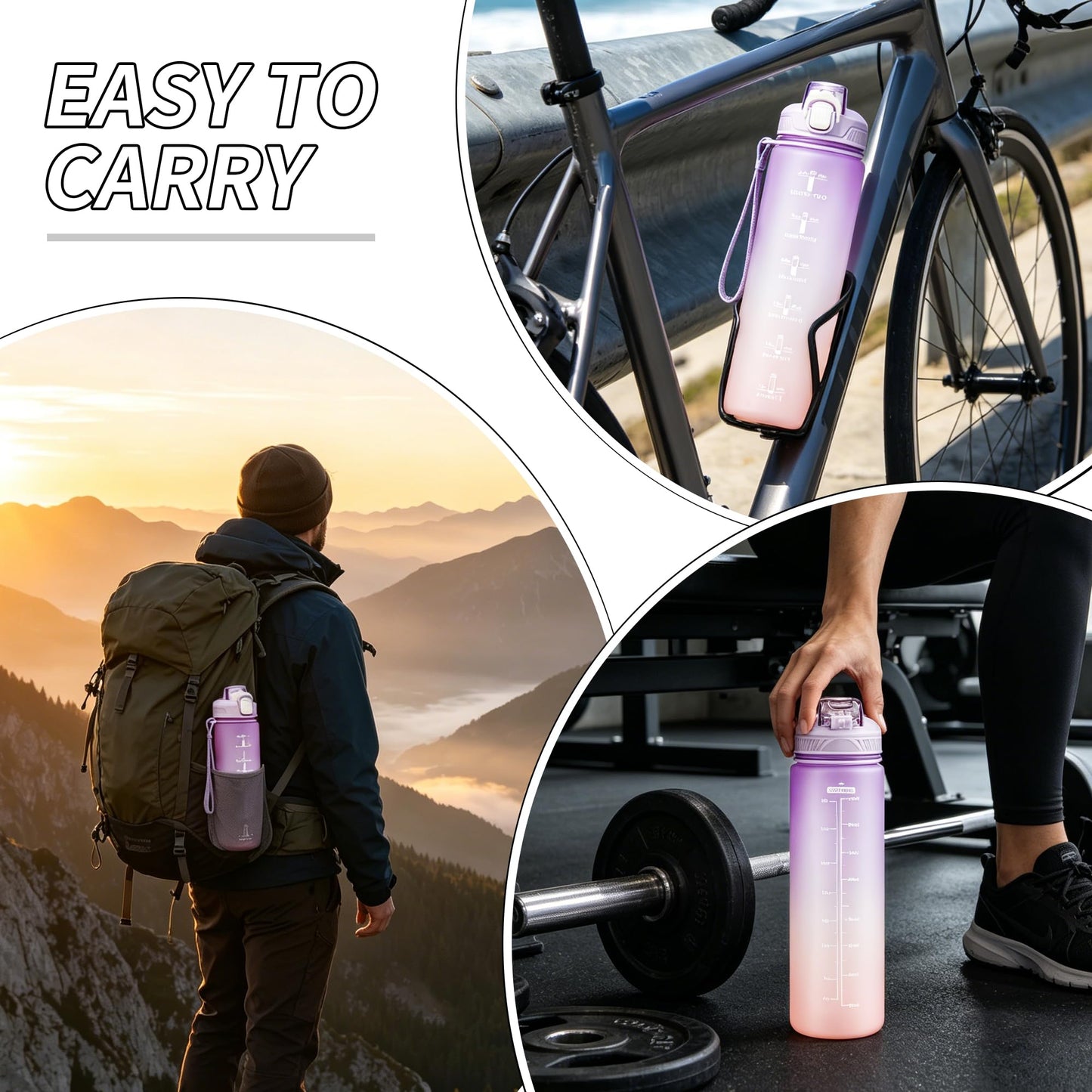 YC Kitchen 32oz Motivational Water Bottle with Straw & Carrying Strap