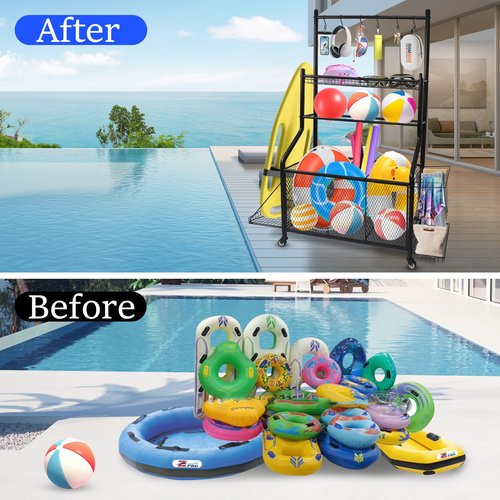 WATWEI Pool Equipment Organizer Storage Holder, Large Heavy-Duty Steel Rolling Storage Cart for Noodles, Toys, Balls, Floats Mesh, Towels, Ideal Swimming Equipments Storage Rack Indoor & Outdoor