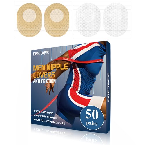 Bretape 100Pcs (50 Pairs) Nipple Covers Men, No-Show Mens Nipple Guard Tape Anti-Chafing Nipple Covers for Men, for Running, Sports, and Daily Wear (Beige 25 Pairs + White 25 Pairs)-V08