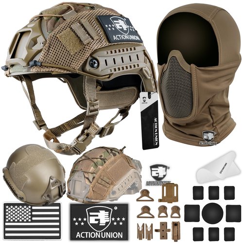 ACTIONUNION Airsoft Helmet and Mask Set Tactical Paintball Helmet and Balaclava Mesh Mask MH Type (Tan, Medium)
