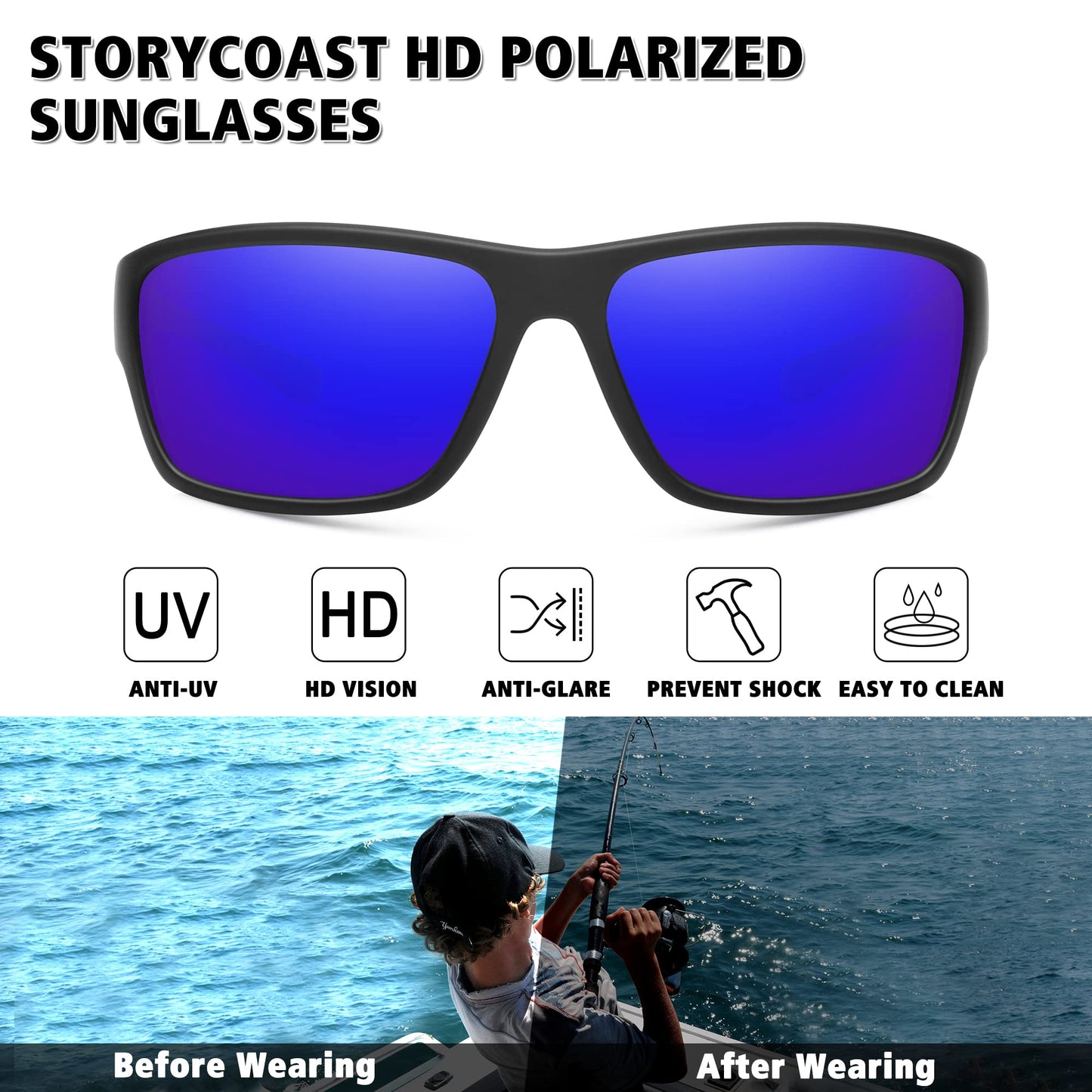 STORYCOAST Polarized Sports Sunglasses for Men Women Unbreakable Frame Cycling Fishing Driving 2Pack Black+Drak Blue
