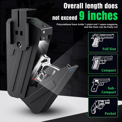NGTeco Gun Safe, Biometric Gun Safes for Handgun, Hidden Pistol Safe with Fingerprint, Passcode, Key - Secure Steel Construction Drop Down Mounted Safe for Bedside, Desk, Nightstand
