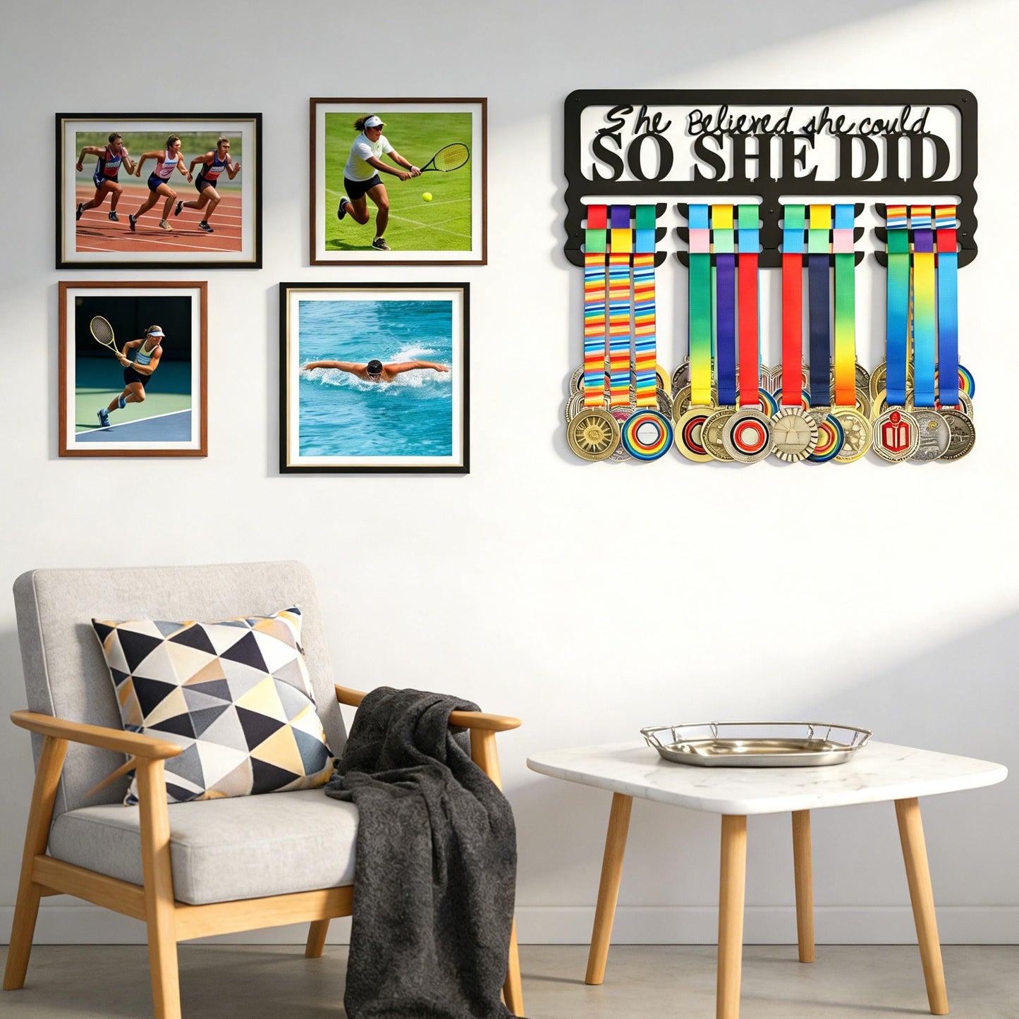 Medal Holder Display Hanger, Aluminum Medal Display Holder Holds Up to 60 Medals, Wall Mounted Medal Organizer for Sports Award Plaques, Ribbons and Race Bibs(01)