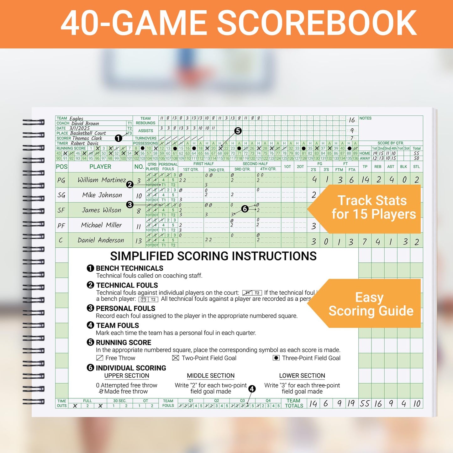 suituts Basketball Scorebook 40 Games Score Book Side by Side Basketball Stat Tracking Book for High School, Middle School or League Use