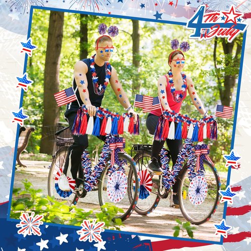Simgoing 33 Pcs 4th of July Parade Bike Decoration Kit Patriotic Tinsel Garland Streamer Red White Blue Headband Necklace Bracelet American Flag Bow for Memorial Independence Day Bike Party Favors