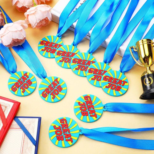 AmazingSpark 60 Pcs Great Job Rubber Medals, 2 Inch Rubber Award Medals Bulk with Ribbon Winner Encourage Team Participation for Trophy Award Prize Competitions Graduation