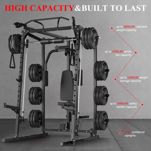 Smith Machine Home Gym, 2000 Lbs Multi-Function Power Cage Squat Rack with Smith Bar, Cable Machine, 2 LAT Pull-Down Systems, All in One Home Gym System with 8 Weight Storage Pins and More