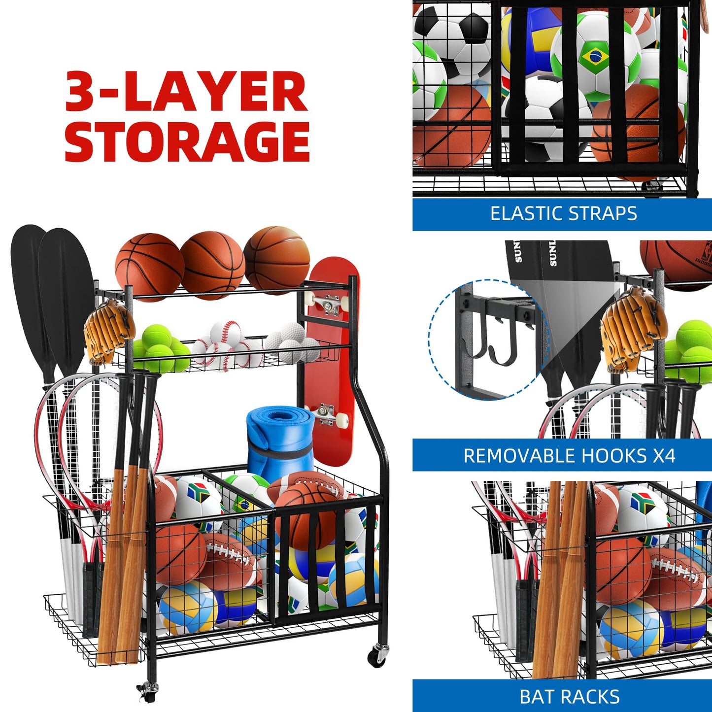 YOUNITA Garage Sports Equipment Organizer, Ball Storage Rack,Garage golf Organizer with Basket and Hooks,Rolling Sports Ball Storage Cart for Toy Gear Storage (45.71 inch)