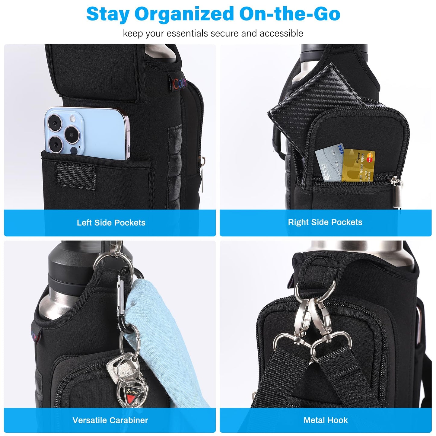 icolor Magnetic Gym Bag Water Bottle Holder with Phone Pockets & Shoulder Strap,Sling Gym Magnetic Bag 5 Built-in Magnets Bottle Pouch Carrier Sleeve Gym Accessories Organizer for Men Women