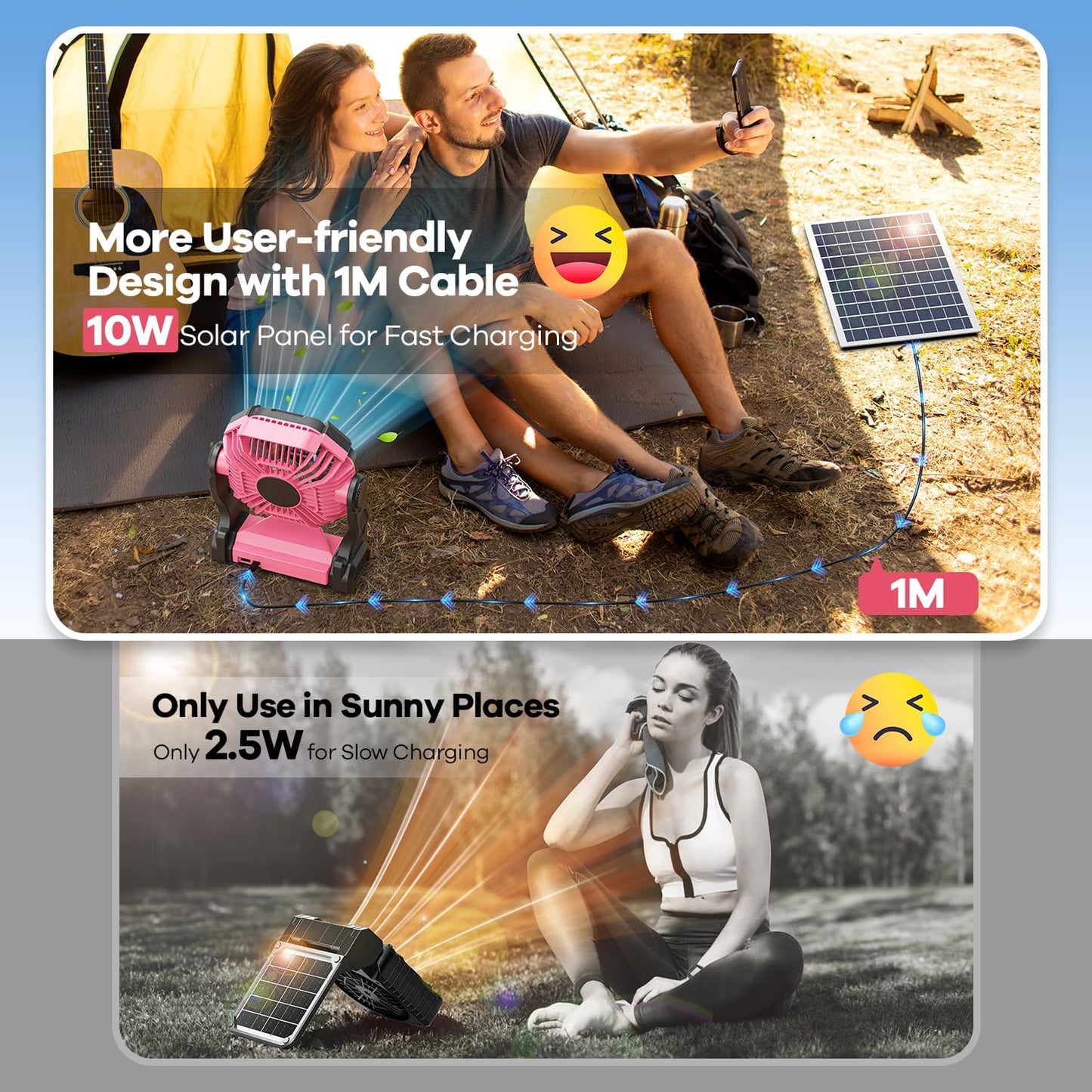 20000mAh Solar Fan with LED Lantern, 10W Solar Panel Rechargeable Battery Powered Camping Fan for Outside, 9 Inch Portable Battery Operated Hurricane Supplies for Picnic, Barbecue, Fishing, Travel