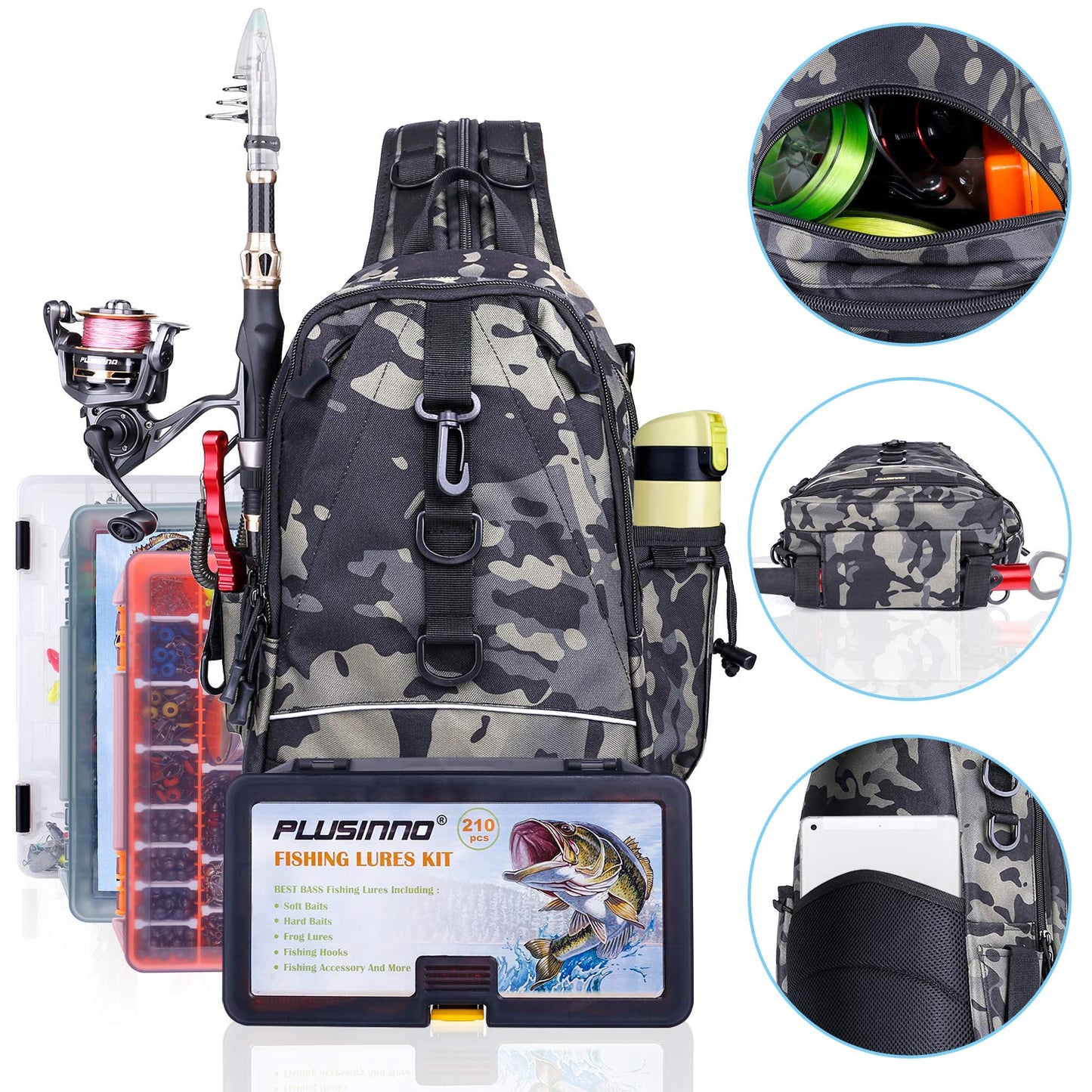 PLUSINNO Fishing Tackle Backpack Storage Bag，Outdoor Shoulder Backpack，Fishing Gear Bag，Water-Resistant Fishing Backpack with Rod Holder (Standard(14.6*8.7*5.5 inch)-Black CP)
