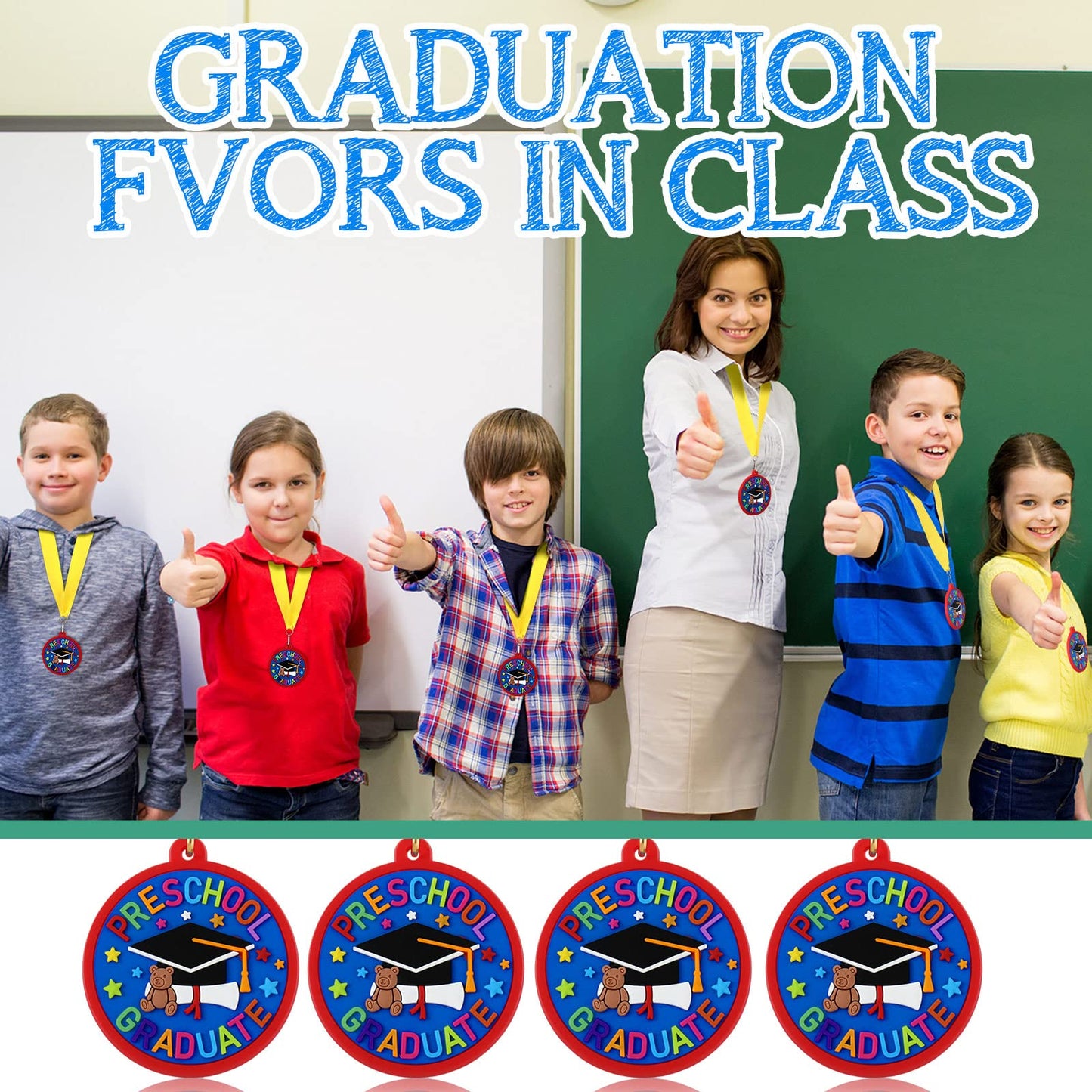 Sratte 24 Pcs Kindergarten Prek Preschool Graduation Medals for Kids, Bulk Kinder Pre-k Graduation Gifts with Yellow Ribbon, End of Year Student Gifts Party Favors Supplies, 2 Inch (Graduate Cap)