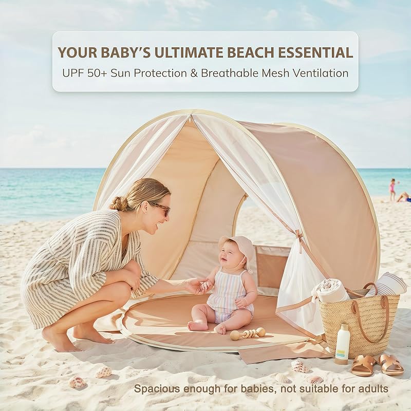 Pop Up Baby Beach Tent with UPF 50+ Sun Shield - Variation: Warm Sand