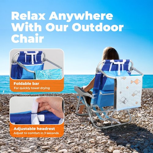 Low Beach Chairs for Adults 2 Pack– 5-Position Reclining Backpack Chair with Large Insulated Cooler & Storage Pocket, Aluminum Frame, Portable for Travel & Outdoor, Supports 300lbs, Wave Blue