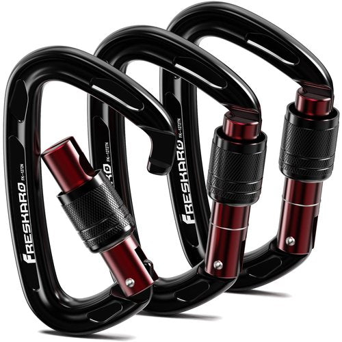 FresKaro Rock Climbing Carabiner Clips Heavy Duty, Screw Gate Locking, UIAA Certifed, 25kN Karabiner for Rappelling, Hunting, Hiking, Gym Equipment, or Survival Gear Kit, 4Inch, Black, 3Pack