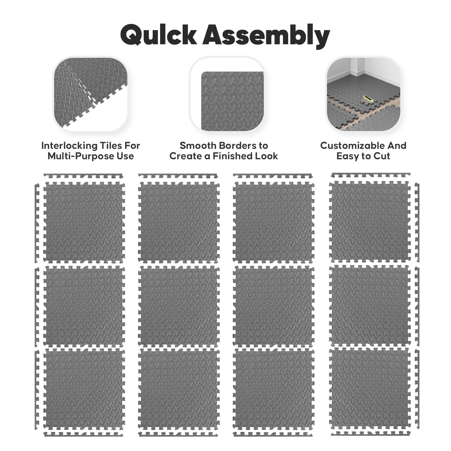 12 Pack 48 sqft Home Gym Mat, Puzzle Exercise Mat, EVA Interlocking Foam Floor Tiles for Home Workout Equipment and Kids' Play Areas - Grey, 24 in x 24 in x ½ in - 12 Tiles (Grey, 12 Pack, 48 SQ FT)