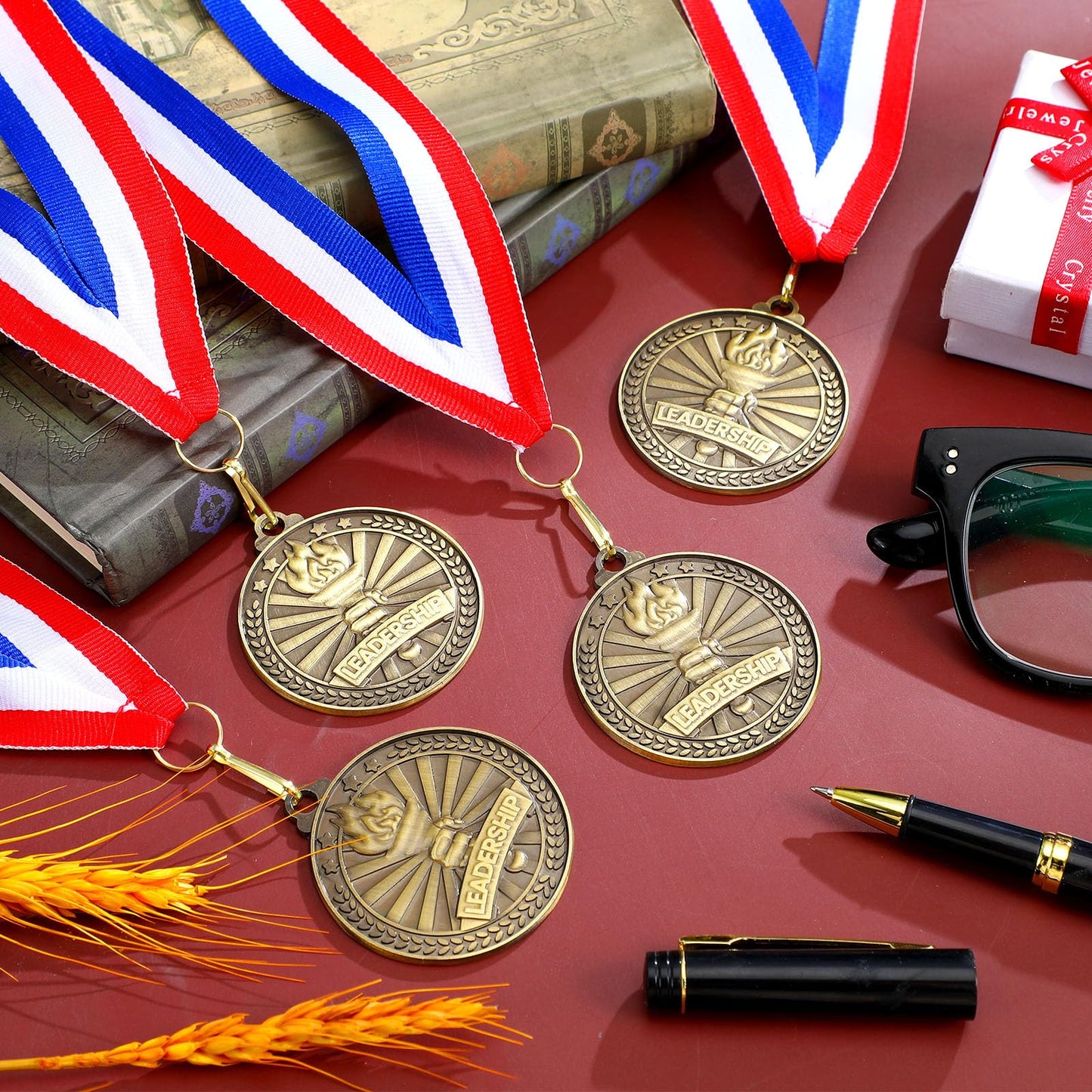 Quelay 30 Pcs 2'' Award Medals Bulk Gold Winner Medals with Neck Ribbons Metal Trophy Award Prize Gift for Tournaments, Competitions, Party, Kids and Adults(Leadership)