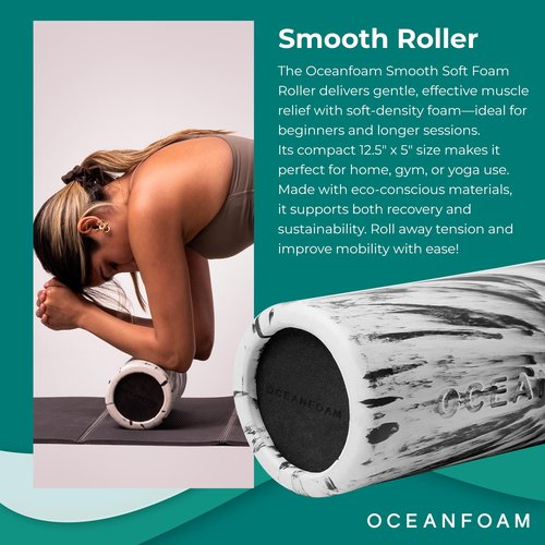 Oceanfoam Smooth Soft Foam Roller (Black Marbled) - Beginner, Travel Sized Low Density Foam Roller for Home & Gym, Physical Therapy, Back Pain, & Exercise - Yoga & Athletics (12.5" x 5")