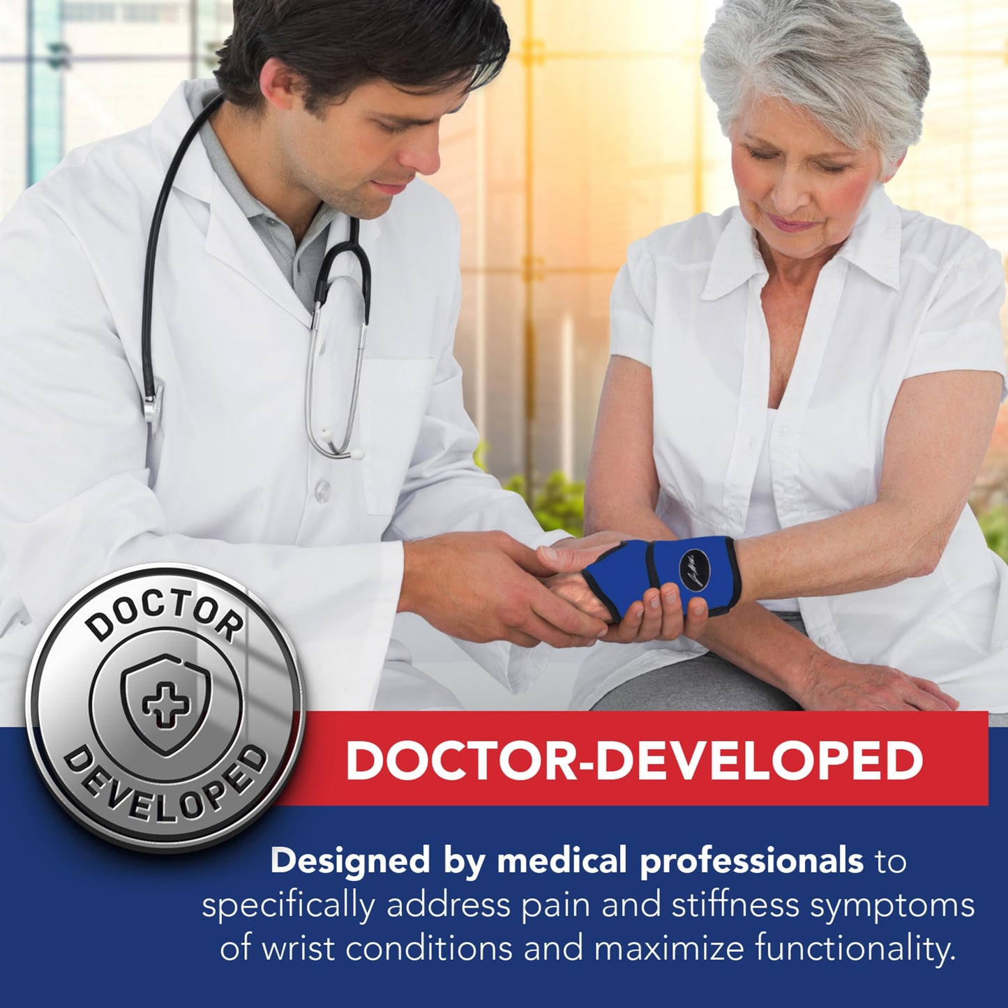 Doctor Developed Wrist Brace - Wrist wrap for Carpal Tunnel Arthritis,Tendonitis, Hand Support - Ideal for Fitness, Weightlifting - Handbook included (Blue (Pack of 1), Wrist Brace)